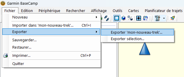 basecamp software screenshot - gpx export
