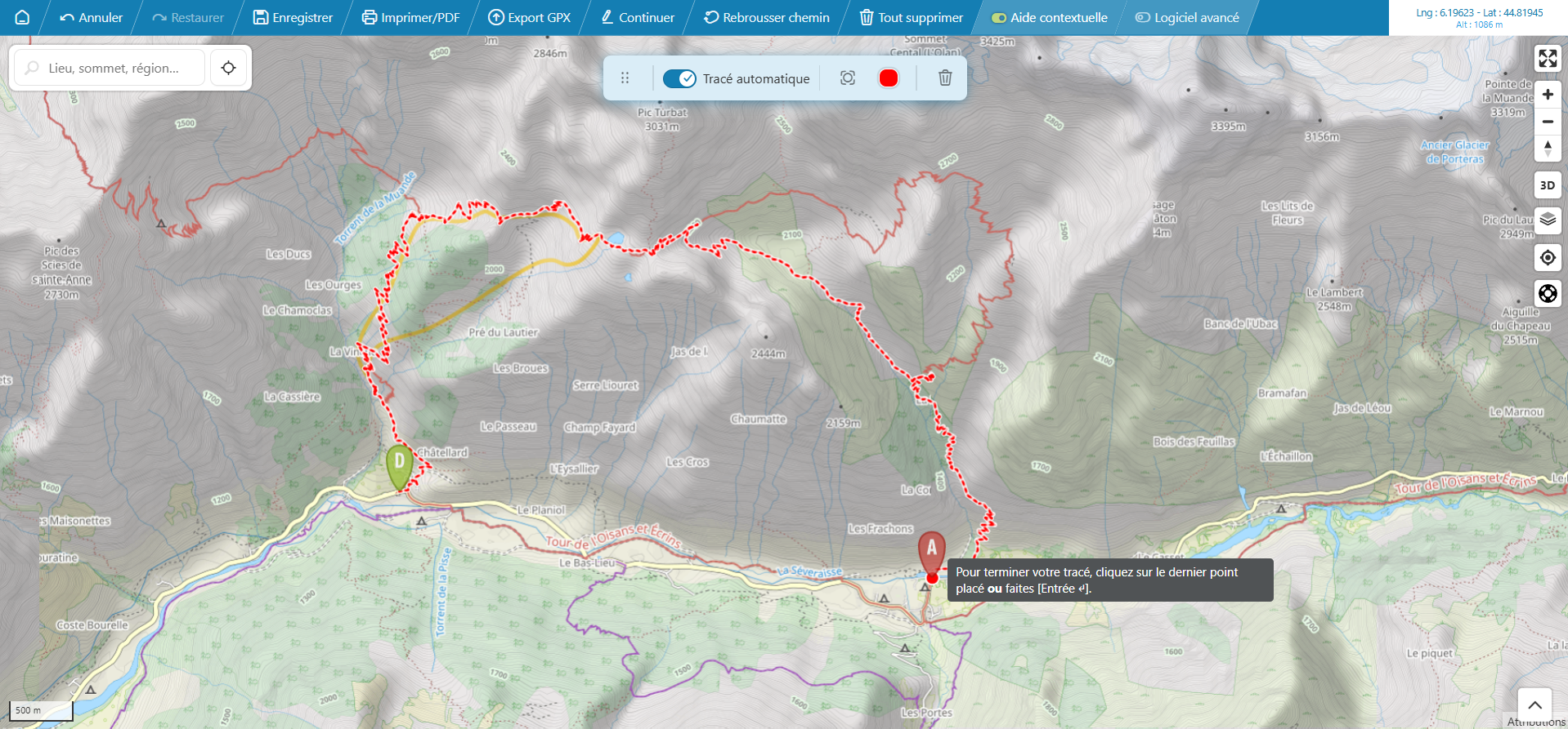 visorando website - map showing a created hiking trail